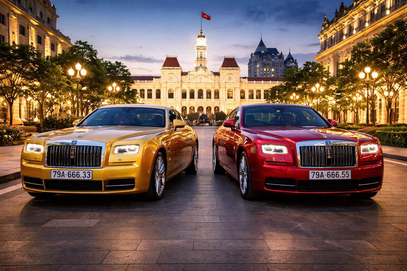 Rolls-Royce Ghost vàng và đỏ mang biển 79A-666.33 và 79A-666.55 tại trung tâm TP.HCM